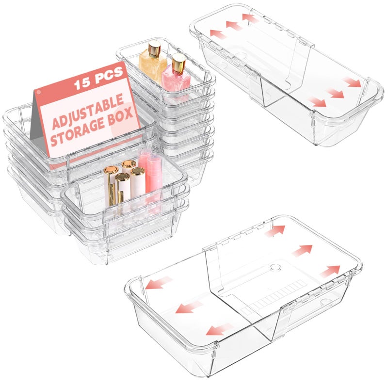 Hiitytin 15 Pcs Extendable Clear Drawer Organizer  All Adjustable Vanity Storage Box  2-Size Desk Drawer Organizer  Acrylic Storage Bins for Makeup  Cosmetic  Bedroom Dressers Tool Organizer for Gadgets - Image 1